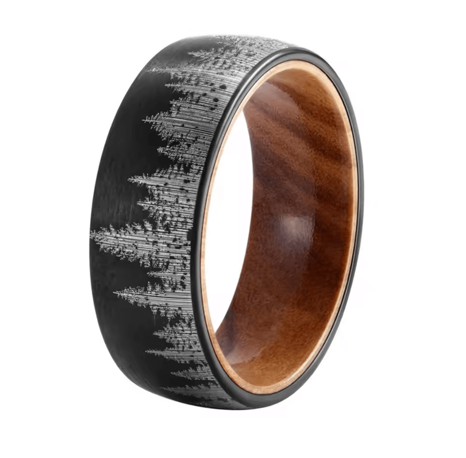 8mm Forest Trees Black Tungsten Olive Wood Unisex Ring - Promise Rings
