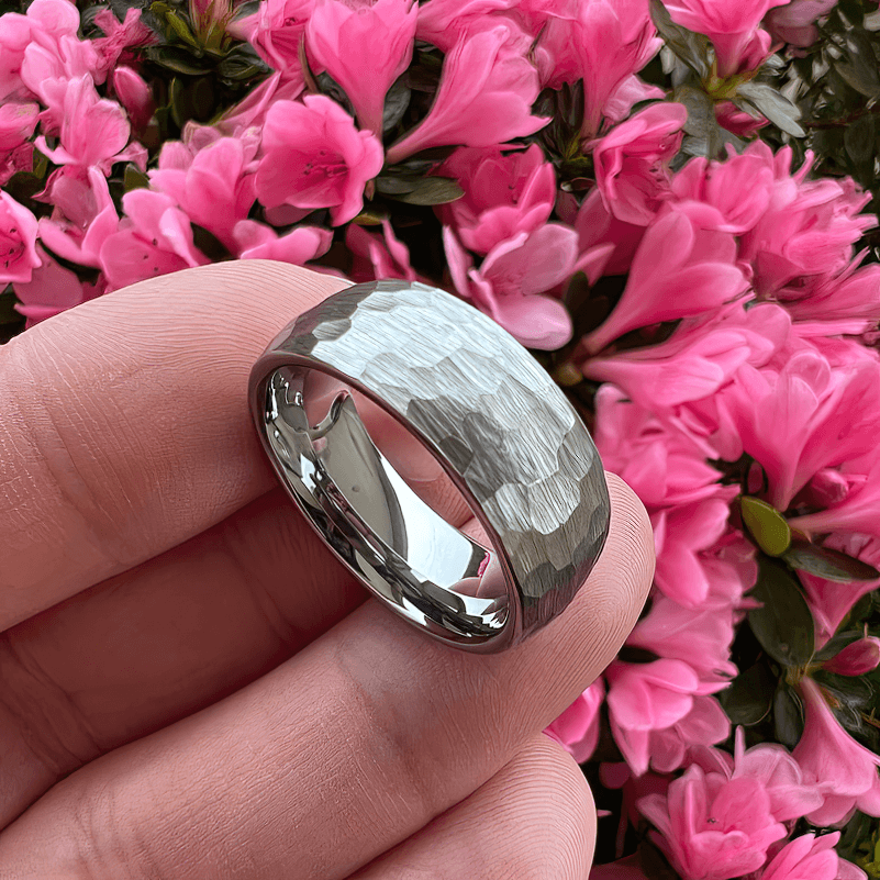 4mm, 6mm, 8mm Custom Engraved Hammered Silver Tungsten Unisex Ring