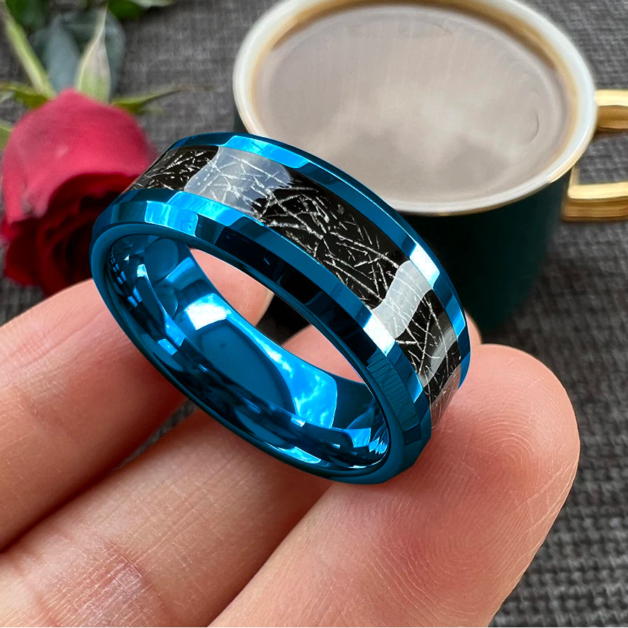 8mm Blue Tungsten Ring – Sand & Silk Textured Inlays (Men’s)
