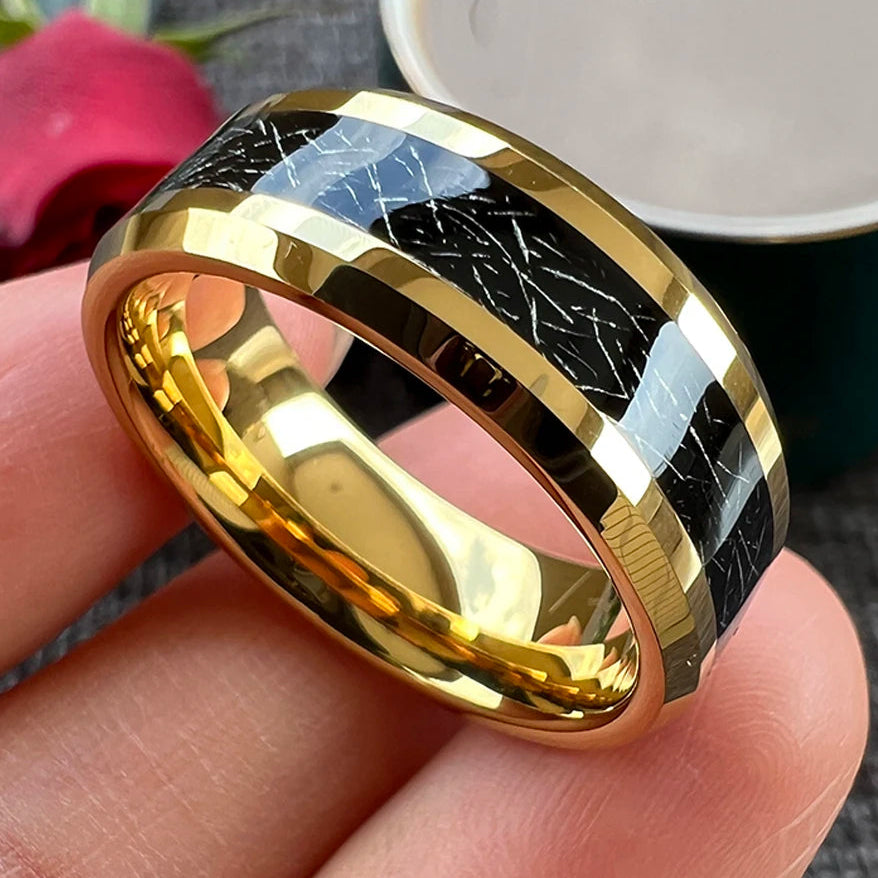 8mm Gold Tungsten Ring – Sand & Silk Textured Inlays (Men’s)