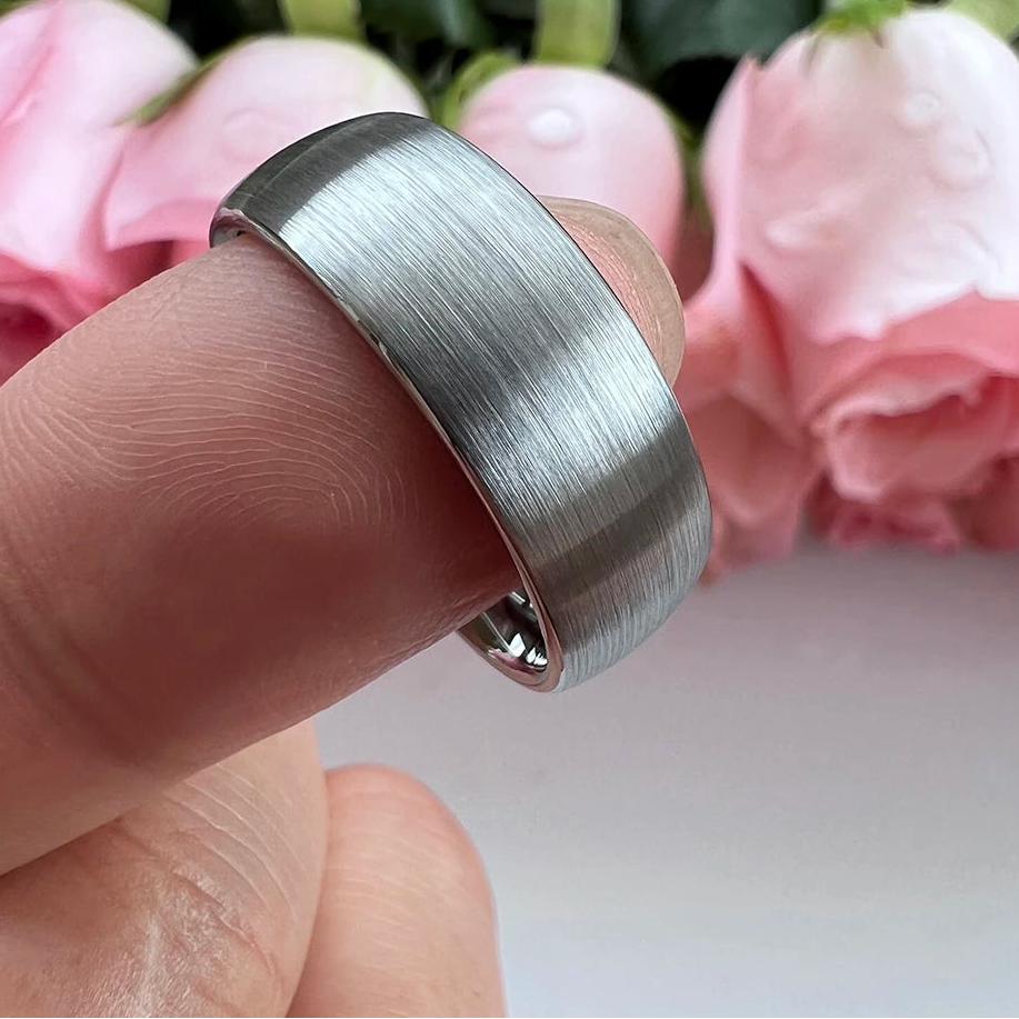 8mm Silver Brushed Domed Comfort Fit Tungsten Unisex Ring