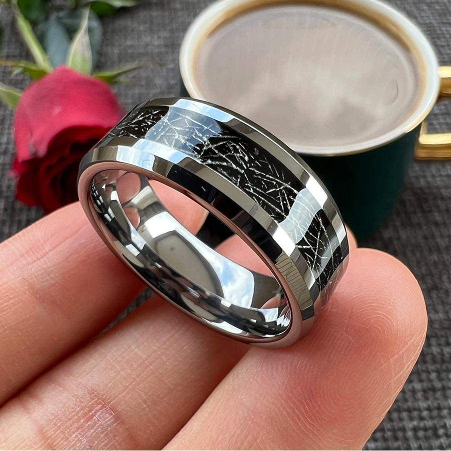 8mm Silver Tungsten Ring – Sand & Silk Textured Inlays (Men’s)