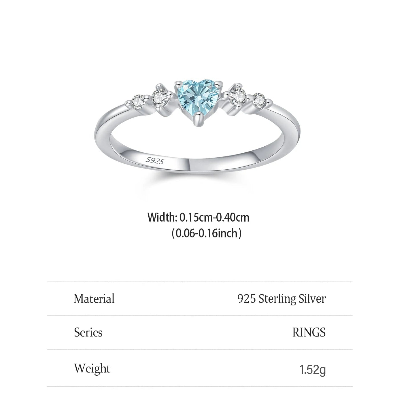 Silver ring with a heart-shaped blue gemstone on a white background