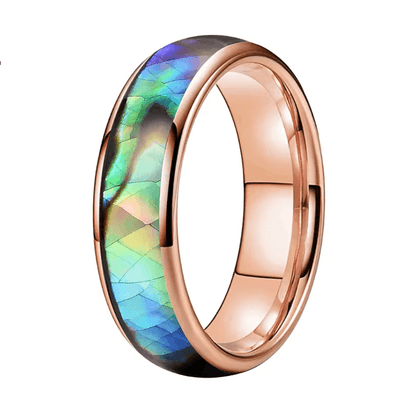 Abalone Shell Ring — 6mm Domed Rose Gold Tungsten unisex Band
