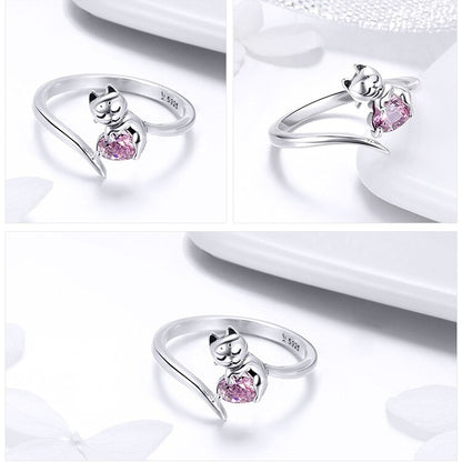 4mm Sterling Silver Cat Ring – Pink Heart CZ & Kitten Design (Women’s) - Promise Rings