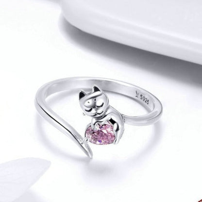 4mm Sterling Silver Cat Ring – Pink Heart CZ & Kitten Design (Women’s) - Promise Rings