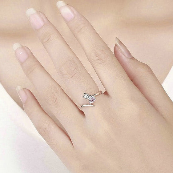 4mm Sterling Silver Cat Ring – Pink Heart CZ & Kitten Design (Women’s) - Promise Rings