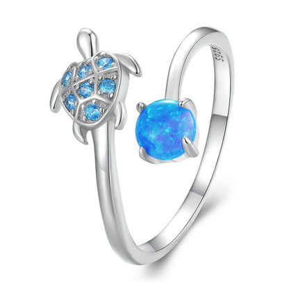 925 Sterling Silver Blue Fire Opal Turtle Ring – Ocean-Inspired Adjustable (Women’s) - Promise Rings