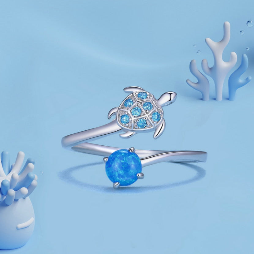 925 Sterling Silver Blue Fire Opal Turtle Ring – Ocean-Inspired Adjustable (Women’s) - Promise Rings