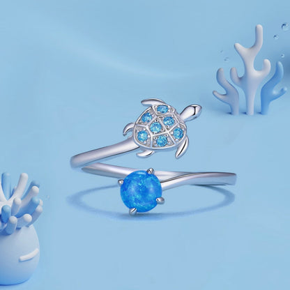 925 Sterling Silver Blue Fire Opal Turtle Ring – Ocean-Inspired Adjustable (Women’s) - Promise Rings