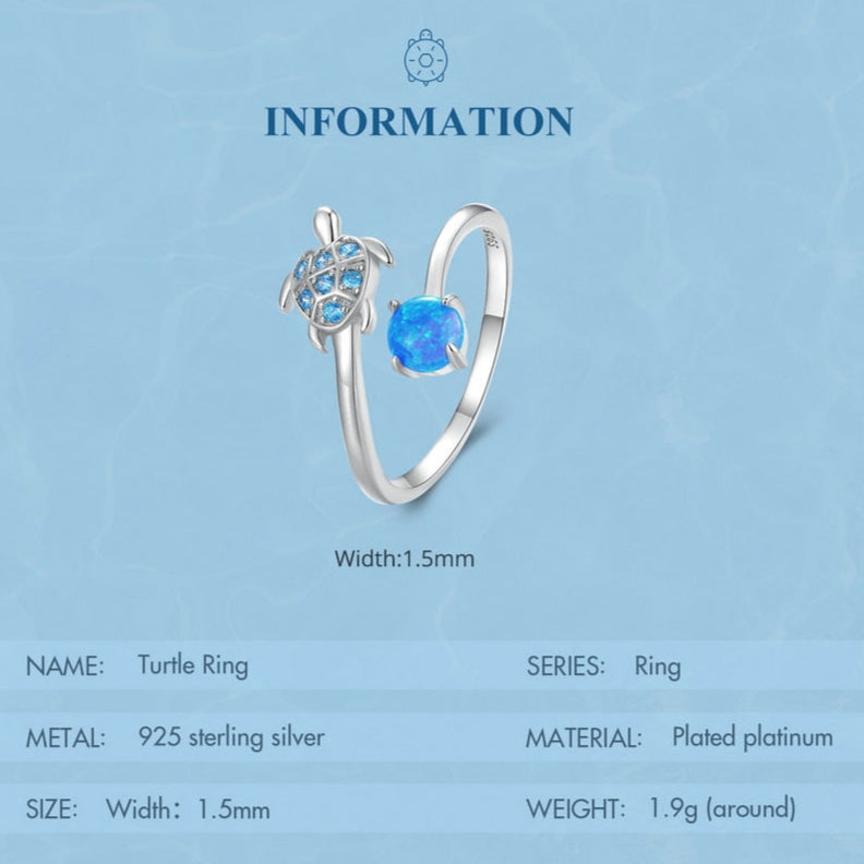 925 Sterling Silver Blue Fire Opal Turtle Ring – Ocean-Inspired Adjustable (Women’s) - Promise Rings