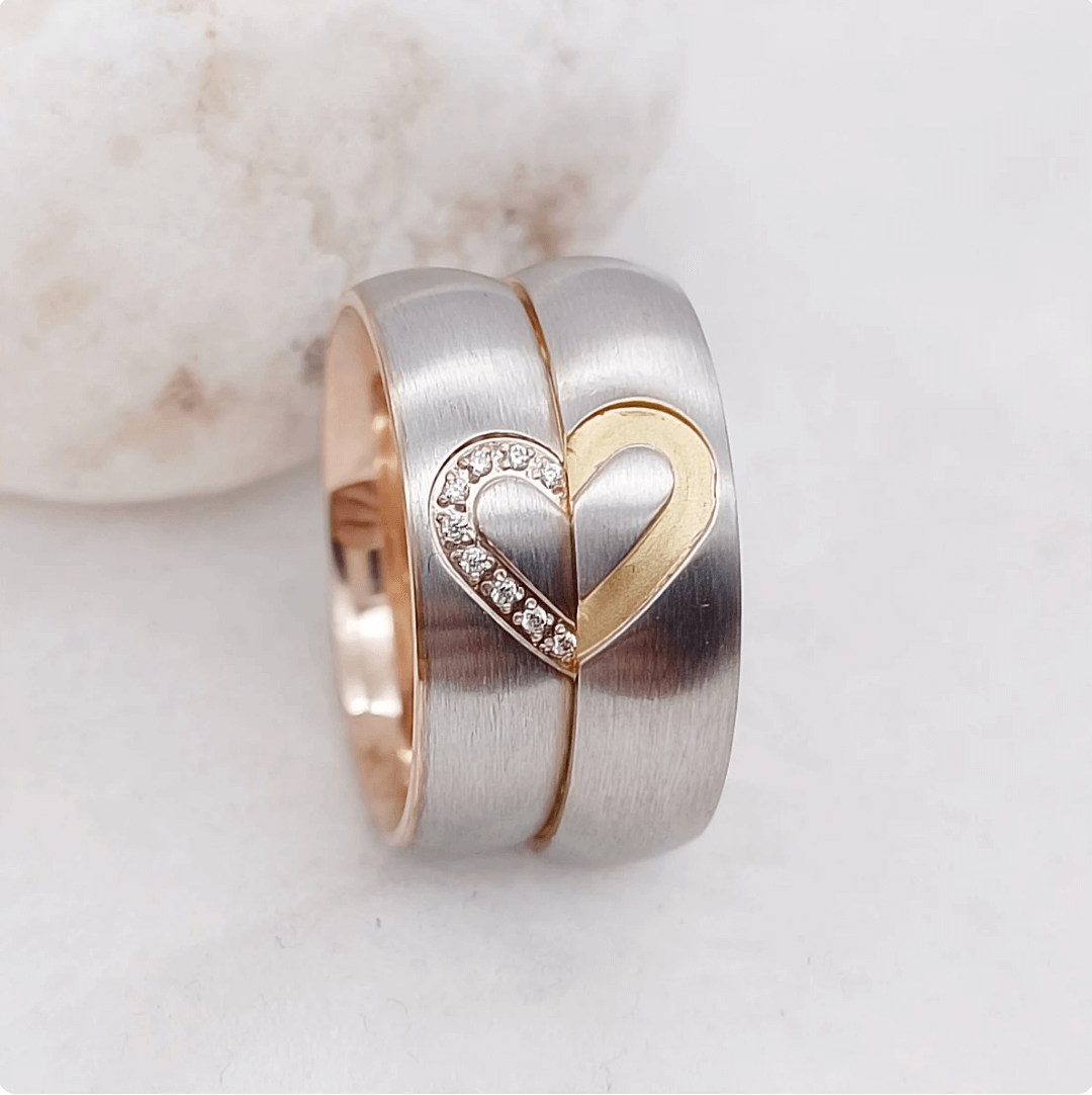 6mm Rose Gold & Silver Brushed Dome Heart Shape Titanium Couples Rings (2pc/Set)