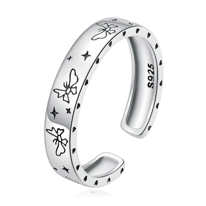 925 Sterling Silver Adjustable Ring – Butterflies or Stars Engraved Design (Women’s) - Promise Rings