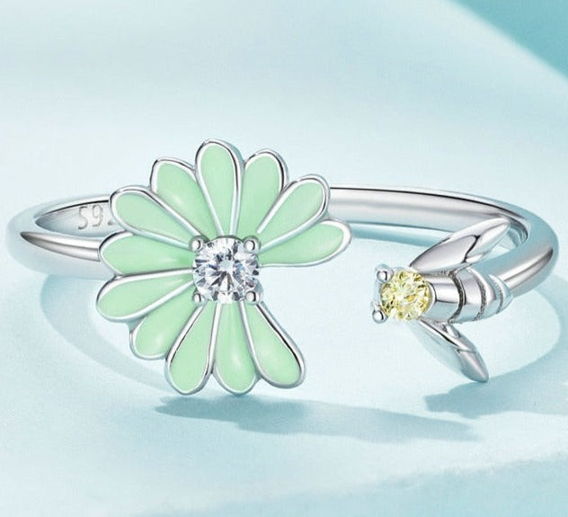 2mm Candy Green Flower & Bee Sterling Silver Ring – Springtime Joy & Nature Symbolism (Women’s) - Promise Rings