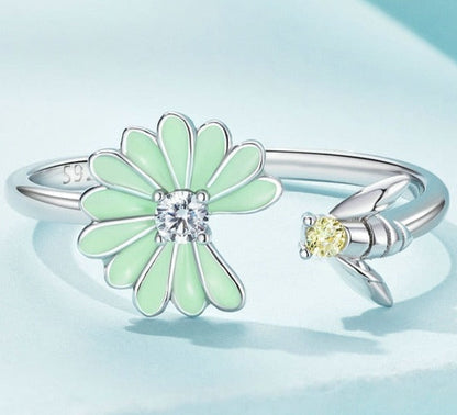 2mm Candy Green Flower & Bee Sterling Silver Ring – Springtime Joy & Nature Symbolism (Women’s) - Promise Rings