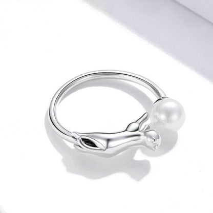 Cat Chasing Ball Pearl Shell 925 Sterling Silver Women's Ring - Promise Rings