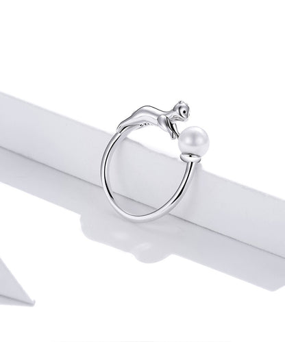 Cat Chasing Ball Pearl Shell 925 Sterling Silver Women's Ring - Promise Rings