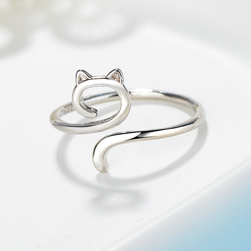 Minimalist Cat Outline Ring – Sterling Silver Adjustable Band (Women’s) - Promise Rings
