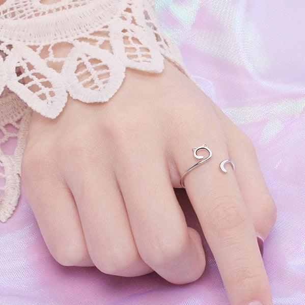 Minimalist Cat Outline Ring – Sterling Silver Adjustable Band (Women’s) - Promise Rings