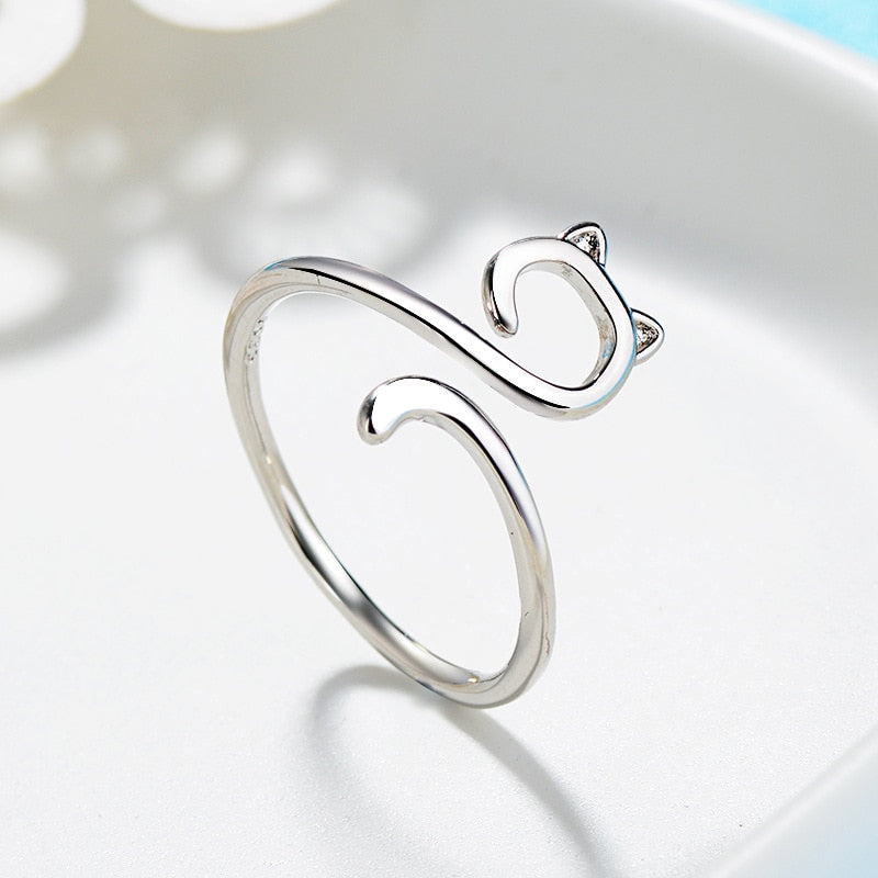 Minimalist Cat Outline Ring – Sterling Silver Adjustable Band (Women’s) - Promise Rings