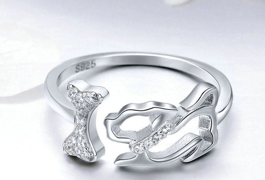 Cute Dog & Bone Cubic Zirconia 925 Sterling Silver Women's Ring - Promise Rings