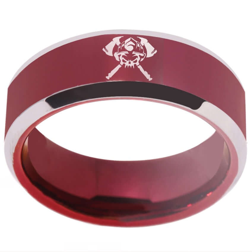 8mm Tungsten Red Firefighter Axe Skull Ring – Bold Tribute to Strength ...