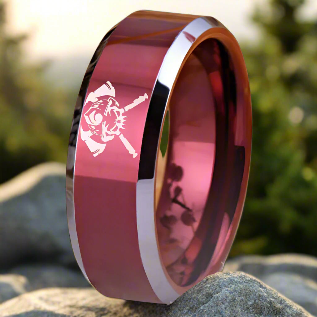 8mm Tungsten Red Firefighter Axe Skull Ring – Bold Tribute to Strength ...