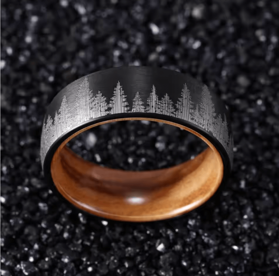 8mm Forest Trees Black Tungsten Olive Wood Unisex Ring - Promise Rings