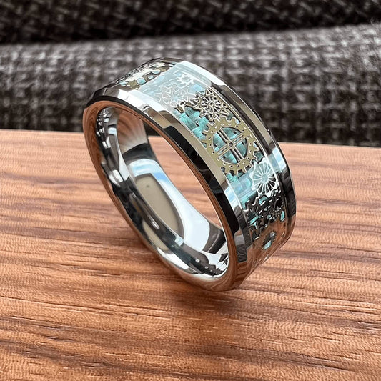Men's Mechanical Gear Ring — 6mm, 8mm Silver Tungsten with Blue Carbon Fiber
