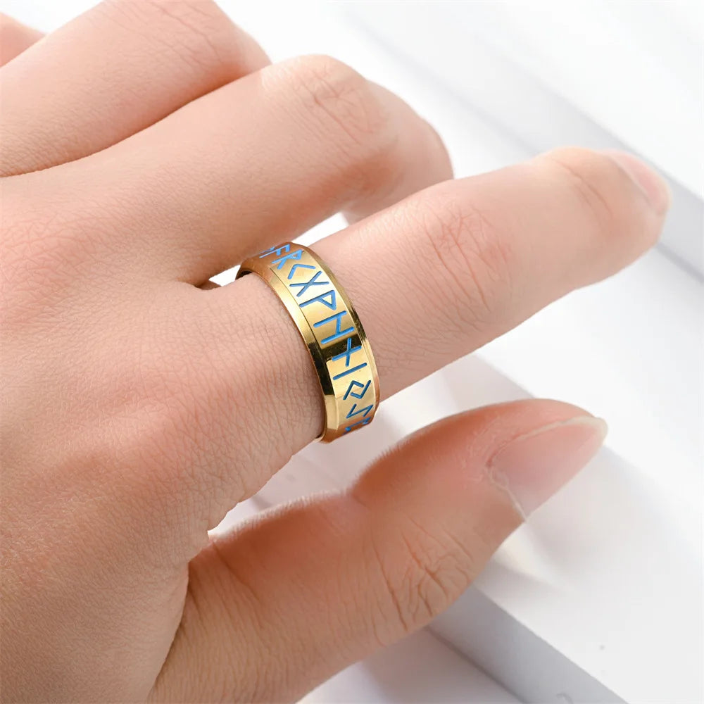 Glow in the Dark Gold Viking Rune Ring — 8mm Norse Stainless Steel Band