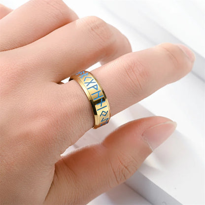 Glow in the Dark Gold Viking Rune Ring — 8mm Norse Stainless Steel Band
