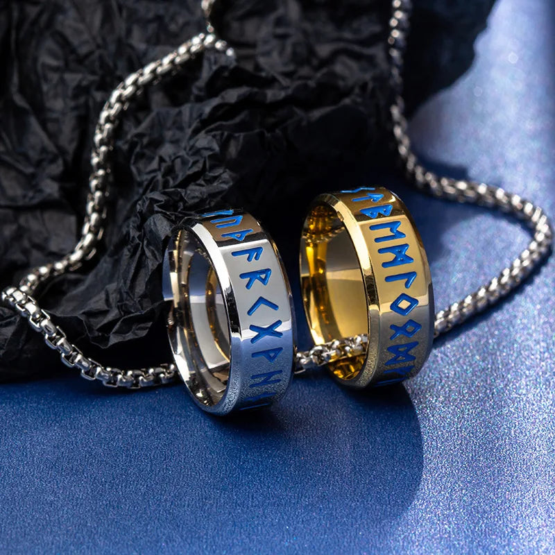 Glow in the Dark Viking Rune Ring — 8mm Norse Stainless Steel Band