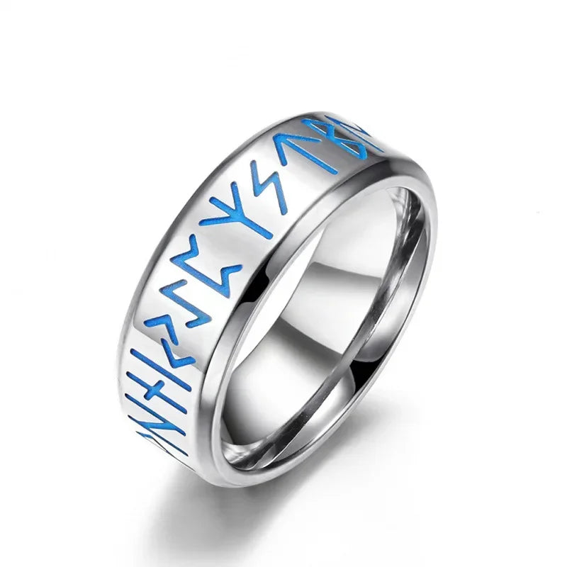 Glow in the Dark Viking Rune Ring — 8mm Norse Stainless Steel Silver Band