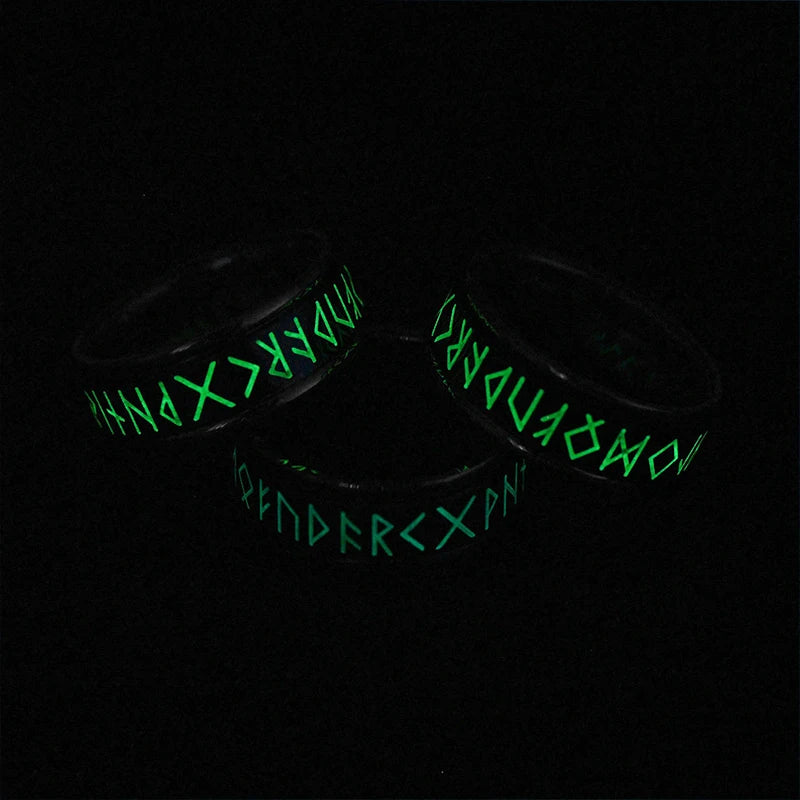 Glow in the Dark Viking Rune Ring — 8mm Norse Stainless Steel Band