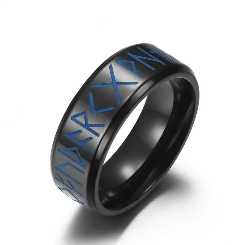 Glow in the Dark Viking Rune Ring — 8mm Norse Stainless Steel Black Band