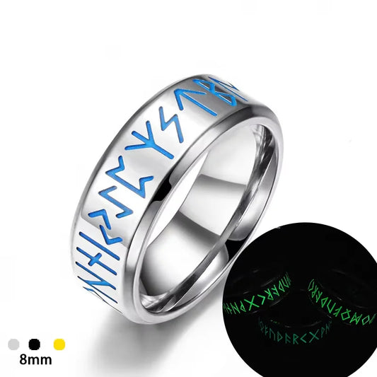 Glow in the Dark Viking Rune Ring — 8mm Norse Stainless Steel Bands