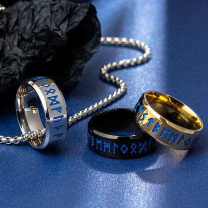 Glow in the Dark Viking Rune Ring — 8mm Norse Stainless Steel Band