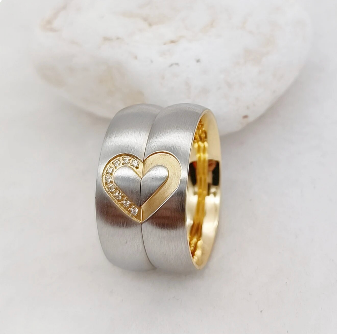 6mm Golden & Silver Dome Heart Shape Brushed Titanium Couples Rings (2pc/Set)