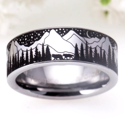 8mm Wild Wolves in Mountains Tungsten Unisex Ring (3 Colors)