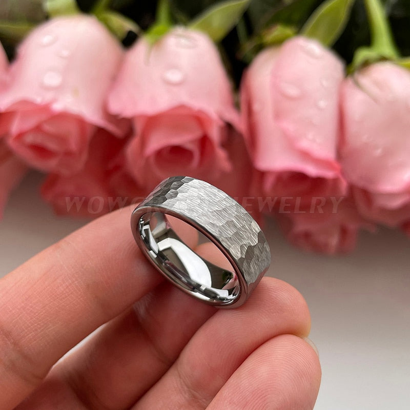 8mm Hammered Silver Tungsten Men's Ring