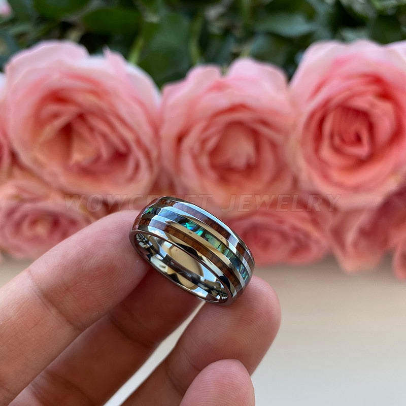 8mm Abalone Shell & Koa Wood Inlay Silver Tungsten Men's Ring