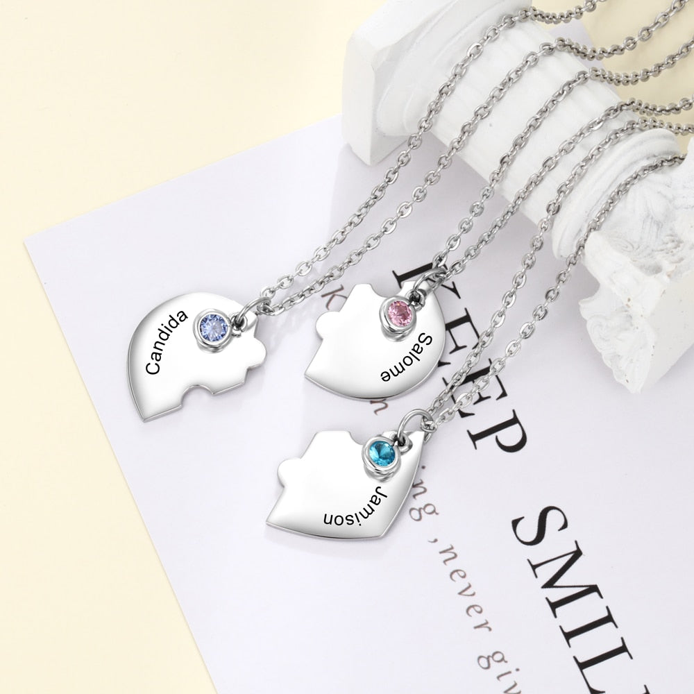 3 Personalized Names & Birthstones Stainless Steel Heart Pieces Stainless Steal Necklaces (3pcs/Set)