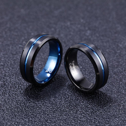 8mm Blue Thin Line & Beveled Edges Black Tungsten Men's Ring