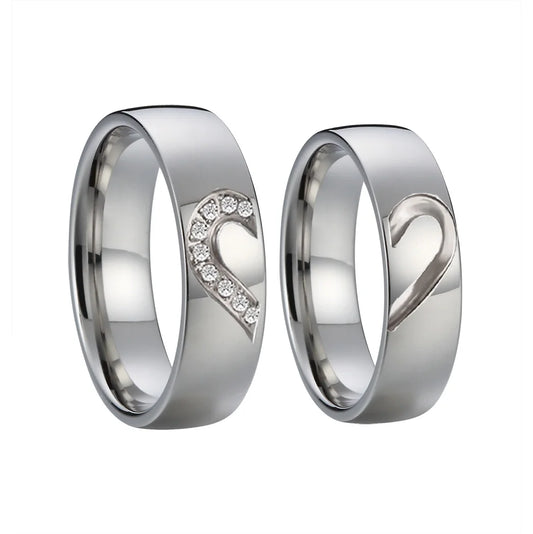 6mm Silver Polished Dome Heart Shape Stainless Steel Couples Rings (2pc/Set)