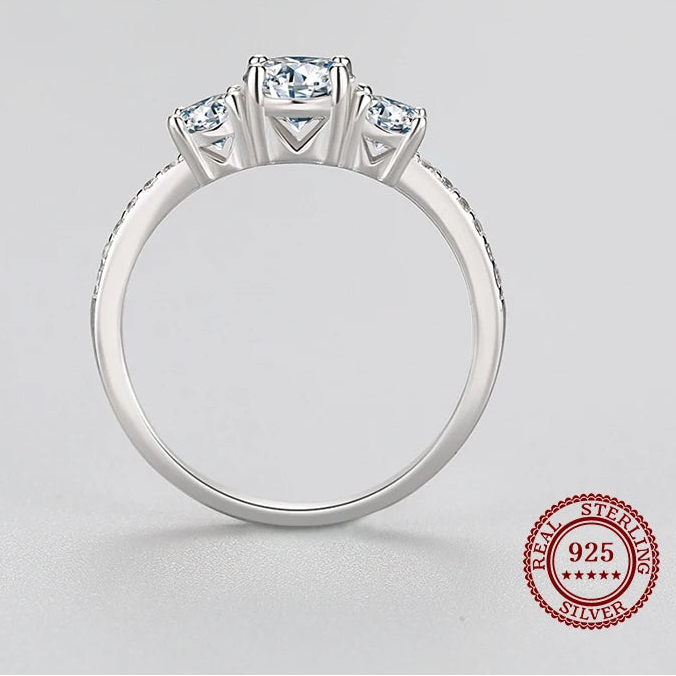 Women's 925 Sterling Silver Three-Stone Round Zirconia Ring - Trilogy Engagement & Wedding Ring