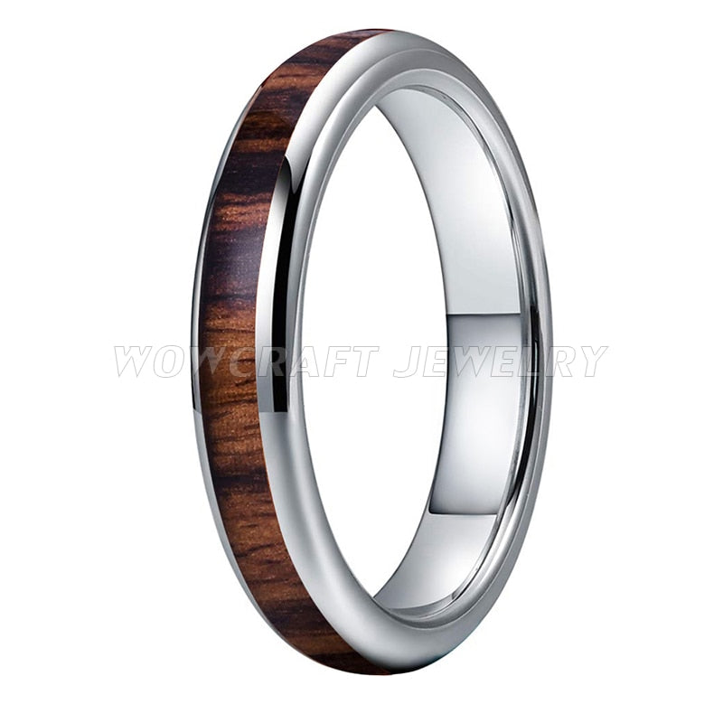 4mm Nature Wood Inlay Polished Shiny Silver Tungsten Unisex Ring