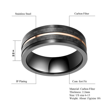 8mm Black, Rose Gold & Carbon Fibre Stainless Steel Men's Ring
