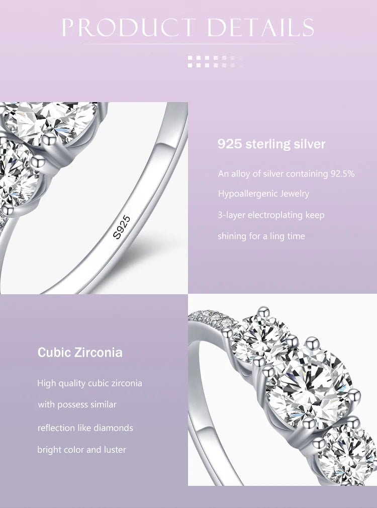 Women's 925 Sterling Silver Three-Stone Round Zirconia Ring - Trilogy Engagement & Wedding Ring