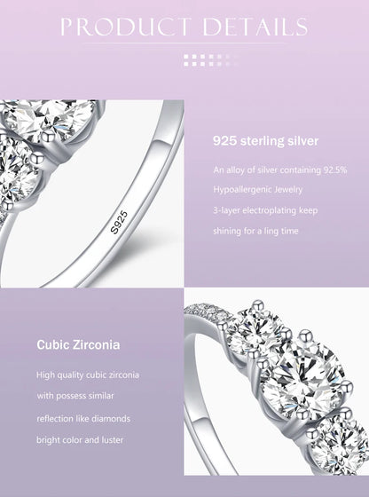Women's 925 Sterling Silver Three-Stone Round Zirconia Ring - Trilogy Engagement & Wedding Ring