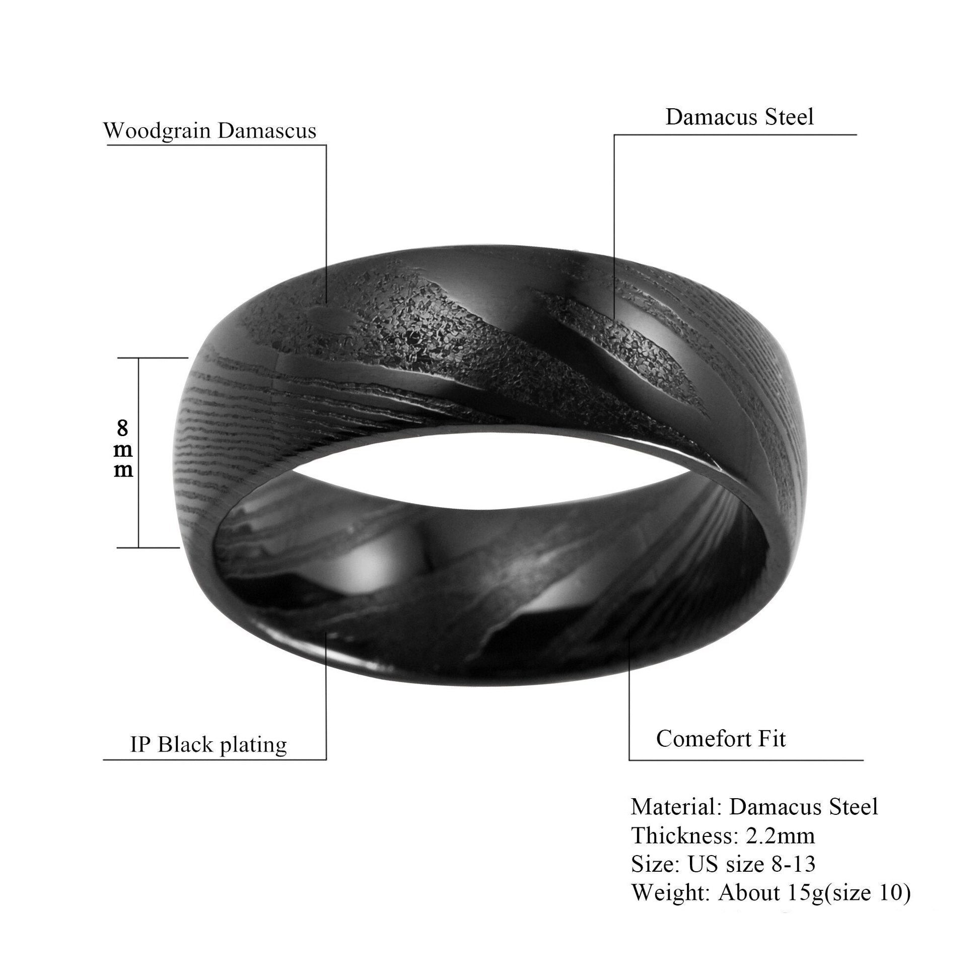 8mm Wood Grain Damascus Steel Black Men's Ring